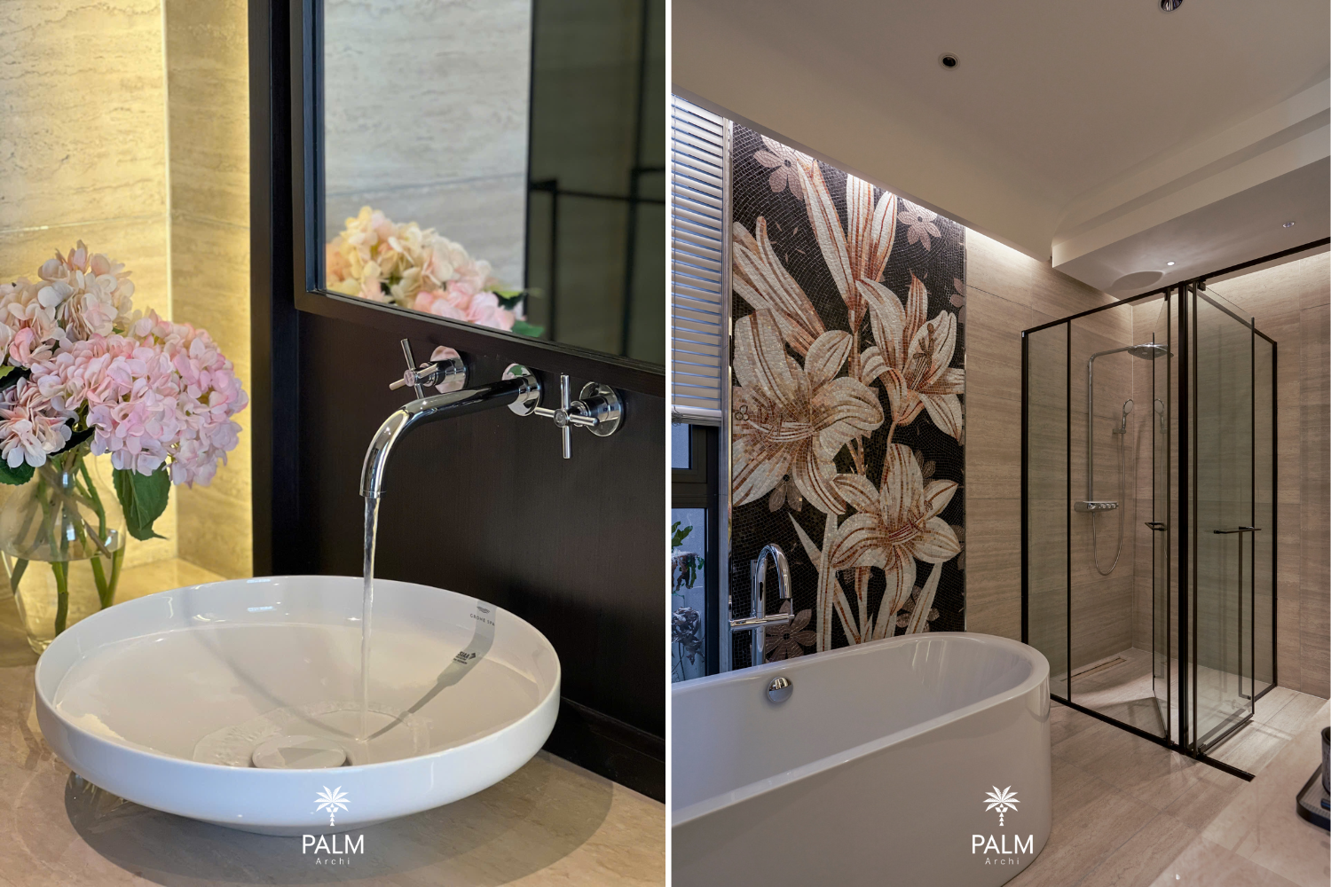 Bàn giao Sunshine Villa – Biệt thự nghỉ dưỡng Tropical hiện đại Tranh hoa làm từ gốm Bát Tràng ghép mảnh, được Palm Archi lên ý tưởng và thiết kế riêng, dựa trên sở thích hoa của chị Thủy